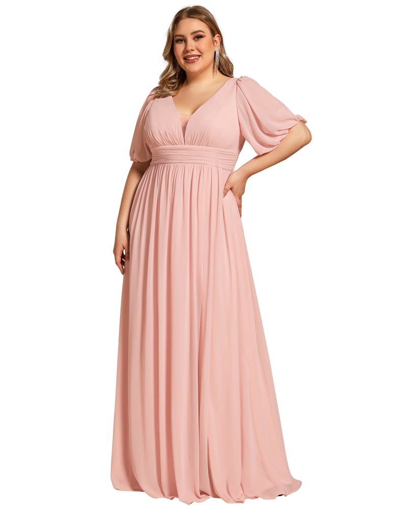 Front of a model wearing a size 24 Chiffon Illusion V-Neck Flutter Sleeve Front Slit Evening Dress in Pink by Ever-Pretty. | dia_product_style_image_id:288910